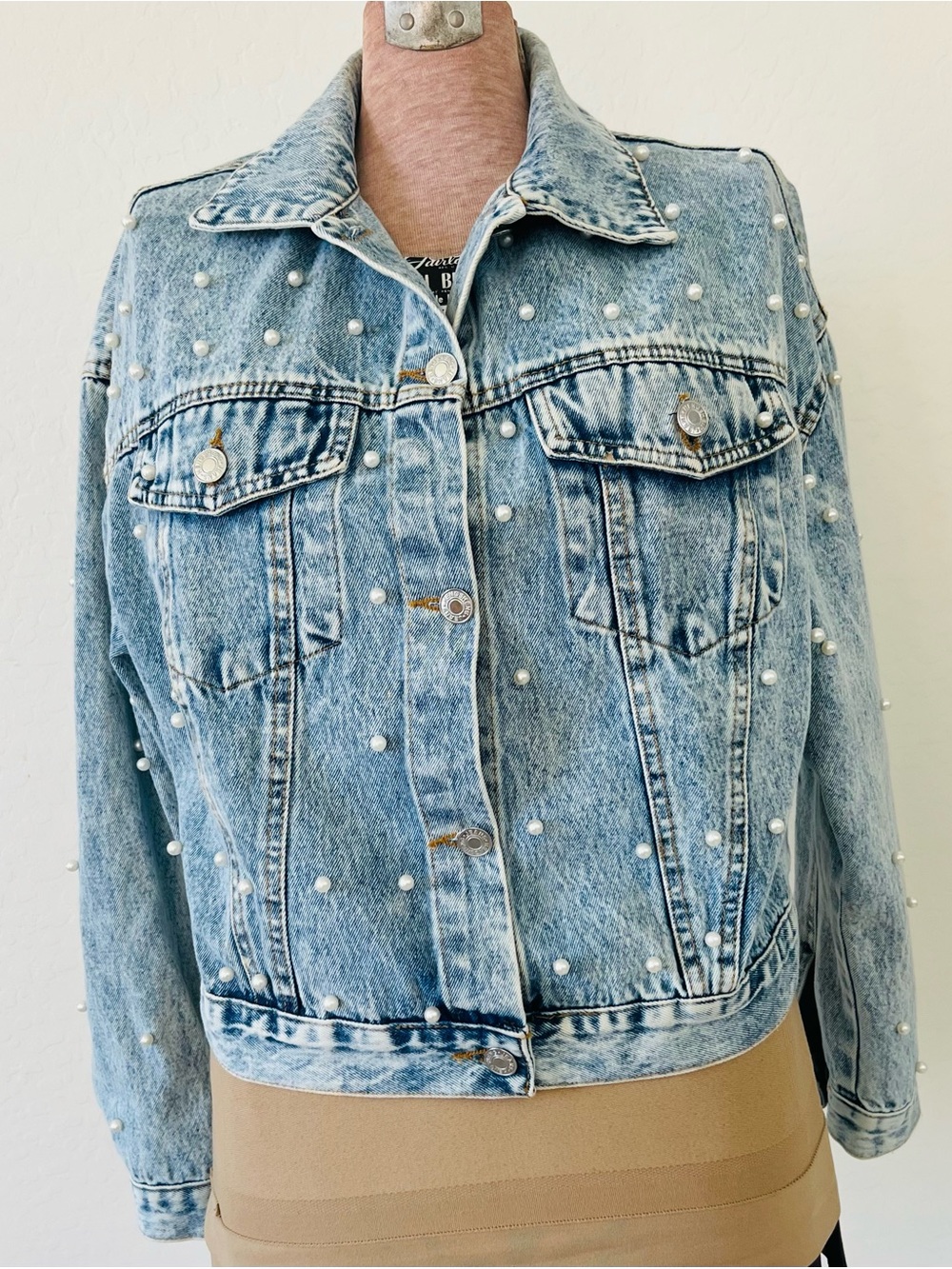 Pearl-Studded Light Blue Denim Jacket - Women